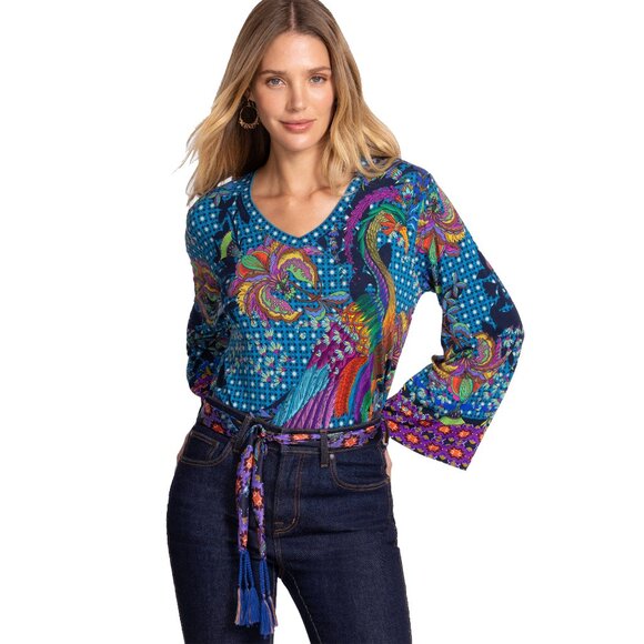 Johnny Was Janie Favorite Thalassa Kimono Peacock Floral Tee Shirt Blue Top NEW - Picture 2 of 8